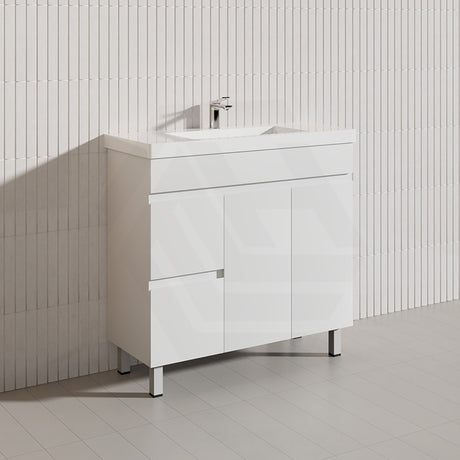 Macho 900mm Narrow Premium MDF Gloss White Freestanding Vanity with Left/Right Hand Drawers