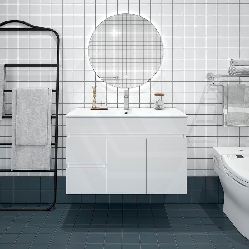 Macho 900mm Narrow Premium MDF Gloss White Wall Hung Vanity with Left/Right Hand Drawers