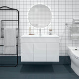 Macho 900mm Narrow Premium MDF Gloss White Wall Hung Vanity with Left/Right Hand Drawers