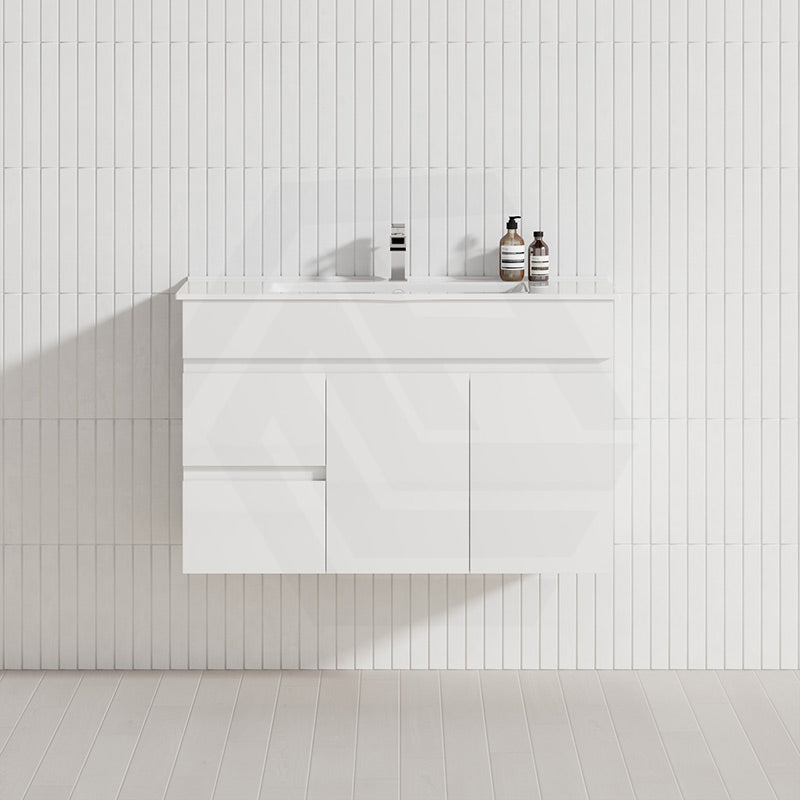Macho 900mm Narrow Premium MDF Gloss White Wall Hung Vanity with Left/Right Hand Drawers