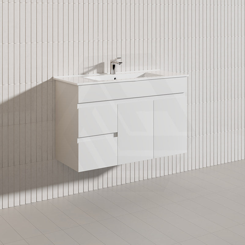 Macho 900mm Narrow Premium MDF Gloss White Wall Hung Vanity with Left/Right Hand Drawers