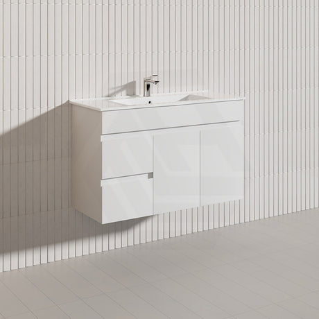 Macho 900mm Narrow Premium MDF Gloss White Wall Hung Vanity with Left/Right Hand Drawers