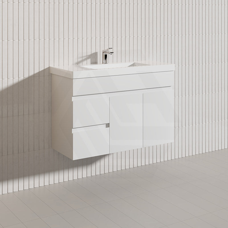 Macho 900mm Narrow Premium MDF Gloss White Wall Hung Vanity with Left/Right Hand Drawers