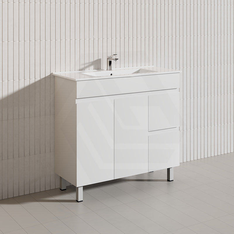 Macho 900mm Narrow Premium MDF Gloss White Freestanding Vanity with Left/Right Hand Drawers