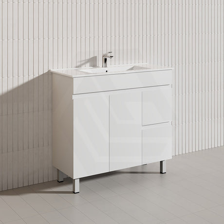 Macho 900mm Narrow Premium MDF Gloss White Freestanding Vanity with Left/Right Hand Drawers