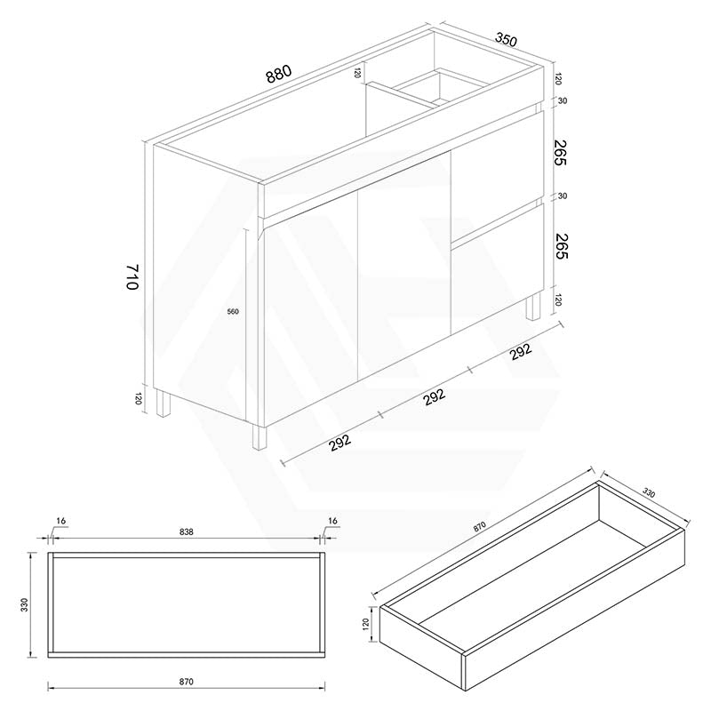 Macho 900mm Narrow Premium MDF Gloss White Freestanding Vanity with Left/Right Hand Drawers