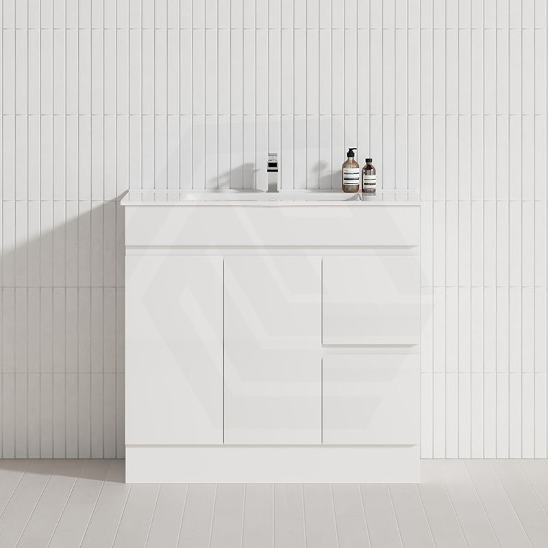 Macho 900mm Narrow Premium MDF Gloss White Freestanding Vanity with Left/Right Hand Drawers