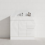 Macho 900mm Narrow Premium MDF Gloss White Freestanding Vanity with Left/Right Hand Drawers