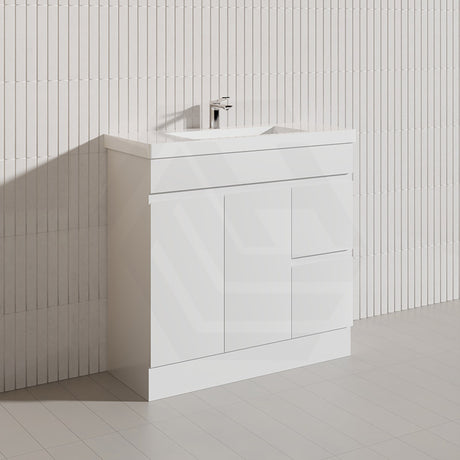 Macho 900mm Narrow Premium MDF Gloss White Freestanding Vanity with Left/Right Hand Drawers
