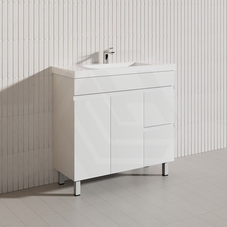 Macho 900mm Narrow Premium MDF Gloss White Freestanding Vanity with Left/Right Hand Drawers