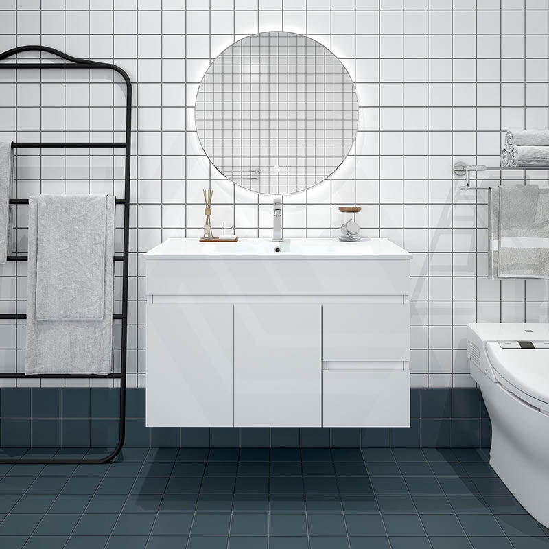 Macho 900mm Narrow Premium MDF Gloss White Wall Hung Vanity with Left/Right Hand Drawers