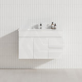 Macho 900mm Narrow Premium MDF Gloss White Wall Hung Vanity with Left/Right Hand Drawers