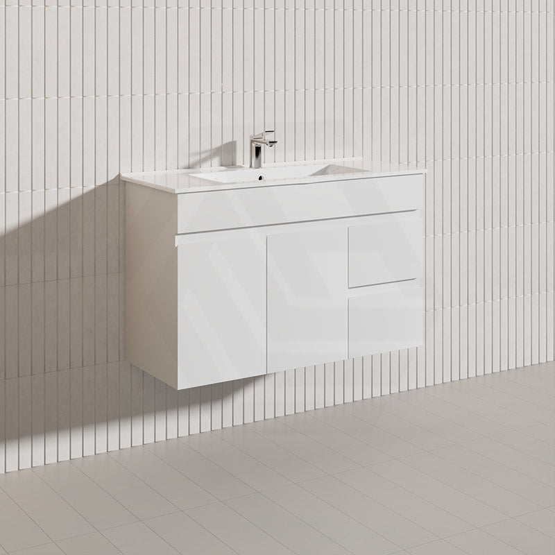 Macho 900mm Narrow Premium MDF Gloss White Wall Hung Vanity with Left/Right Hand Drawers