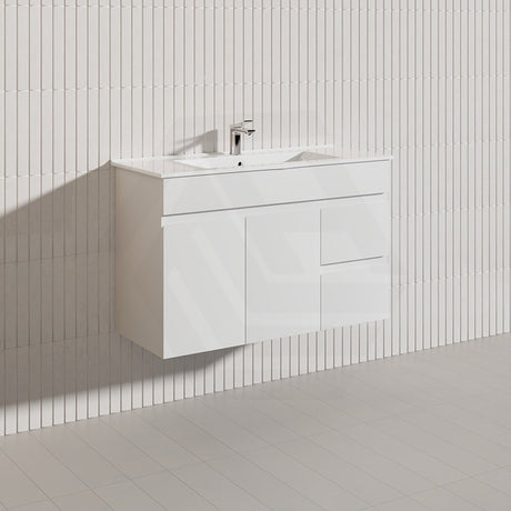 Macho 900mm Narrow Premium MDF Gloss White Wall Hung Vanity with Left/Right Hand Drawers