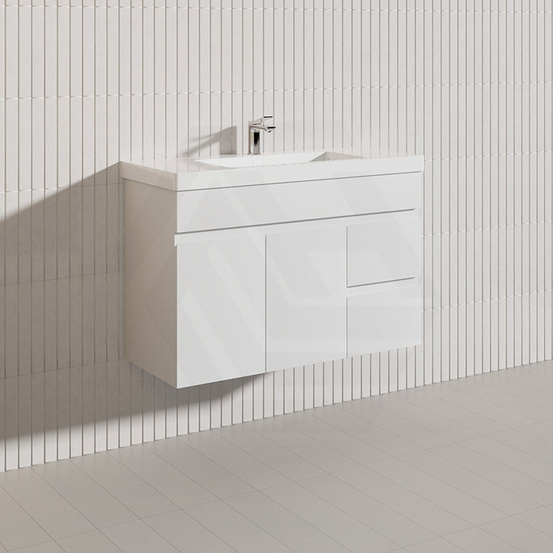 Macho 900mm Narrow Premium MDF Gloss White Wall Hung Vanity with Left/Right Hand Drawers