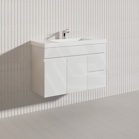 Macho 900mm Narrow Premium MDF Gloss White Wall Hung Vanity with Left/Right Hand Drawers