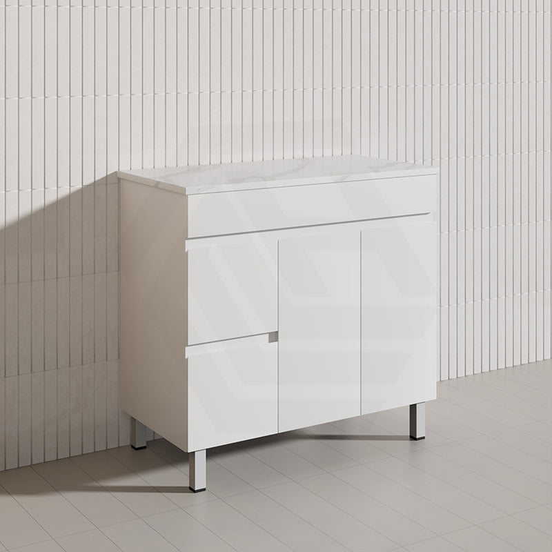 Macho 900mm Premium MDF Gloss White Freestanding Bathroom Vanity with Left/Right Hand Drawers