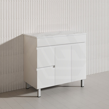 Macho 900mm Premium MDF Gloss White Freestanding Bathroom Vanity with Left/Right Hand Drawers