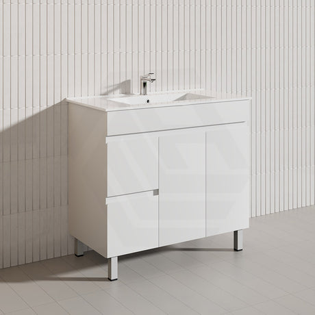 Macho 900mm Premium MDF Gloss White Freestanding Bathroom Vanity with Left/Right Hand Drawers
