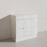 Macho 900mm Premium MDF Gloss White Freestanding Bathroom Vanity with Left/Right Hand Drawers