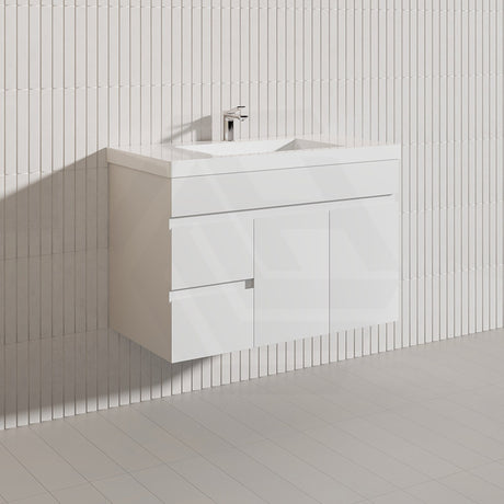 Macho 900mm Premium MDF Gloss White Wall Hung Vanity with Left/Right Hand Drawers