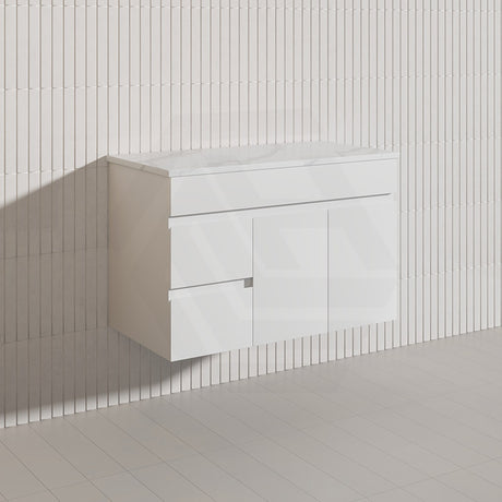 Macho 900mm Premium MDF Gloss White Wall Hung Vanity with Left/Right Hand Drawers