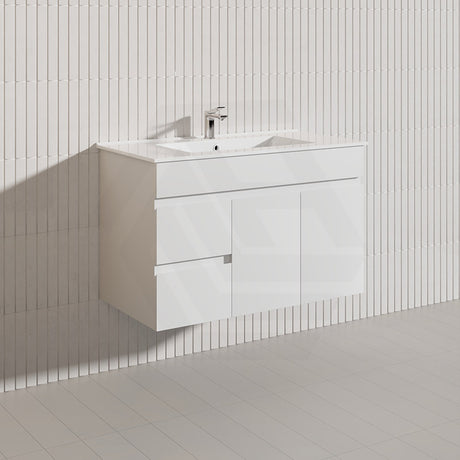 Macho 900mm Premium MDF Gloss White Wall Hung Vanity with Left/Right Hand Drawers