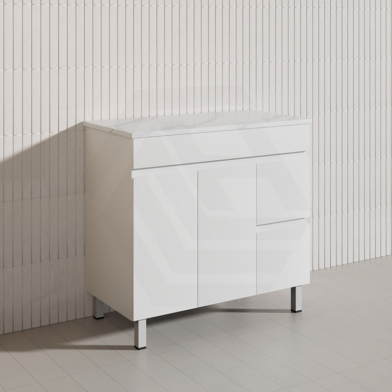 Macho 900mm Premium MDF Gloss White Freestanding Bathroom Vanity with Left/Right Hand Drawers