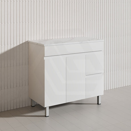 Macho 900mm Premium MDF Gloss White Freestanding Bathroom Vanity with Left/Right Hand Drawers