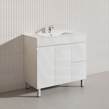 Macho 900mm Premium MDF Gloss White Freestanding Bathroom Vanity with Left/Right Hand Drawers