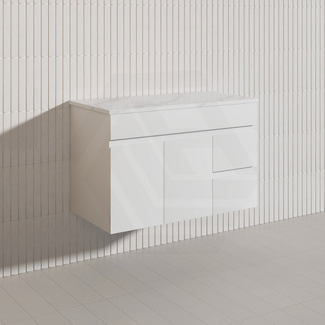 Macho 900mm Premium MDF Gloss White Wall Hung Vanity with Left/Right Hand Drawers