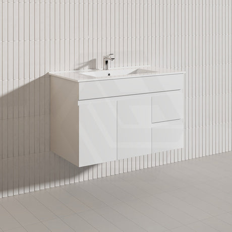 Macho 900mm Premium MDF Gloss White Wall Hung Vanity with Left/Right Hand Drawers