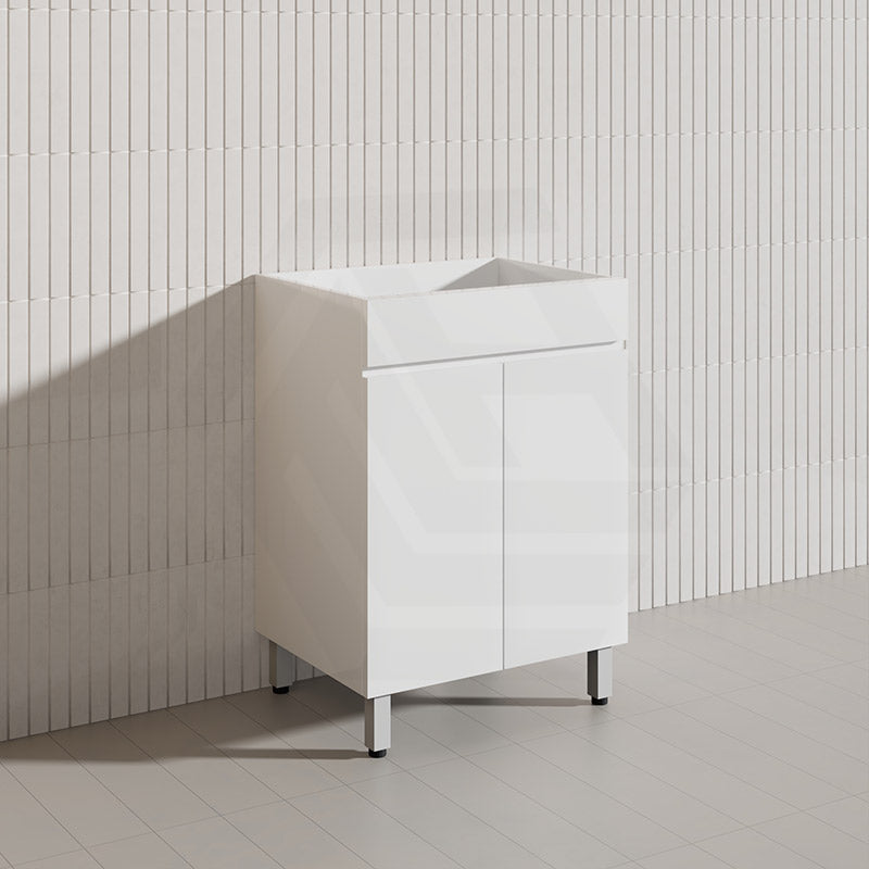 600mm Narrow Polyurethane PVC Premium Freestanding Bathroom Vanity Gloss White Cabinet ONLY & Ceramic Top Available