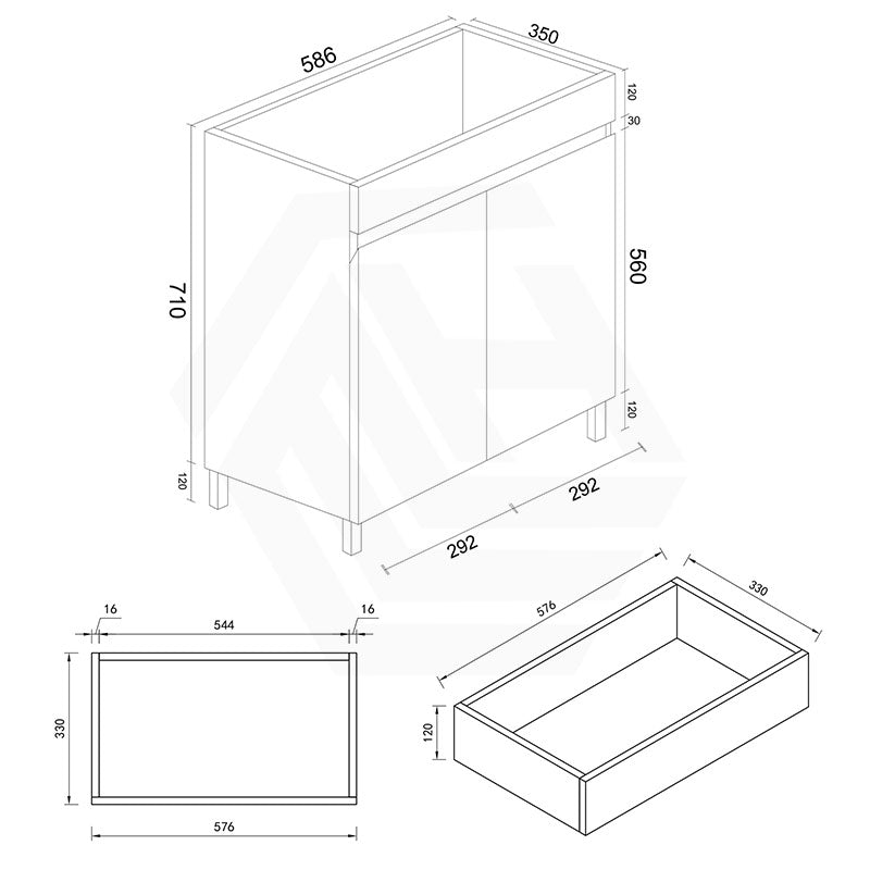600mm Narrow Polyurethane PVC Premium Freestanding Bathroom Vanity Gloss White Cabinet ONLY & Ceramic Top Available