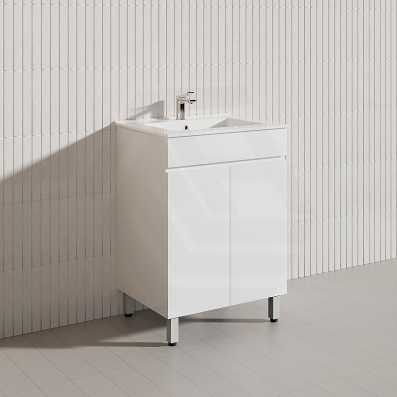 600mm Narrow Polyurethane PVC Premium Freestanding Bathroom Vanity Gloss White Cabinet ONLY & Ceramic Top Available
