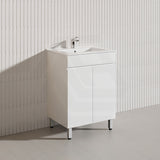 600mm Narrow Polyurethane PVC Premium Freestanding Bathroom Vanity Gloss White Cabinet ONLY & Ceramic Top Available