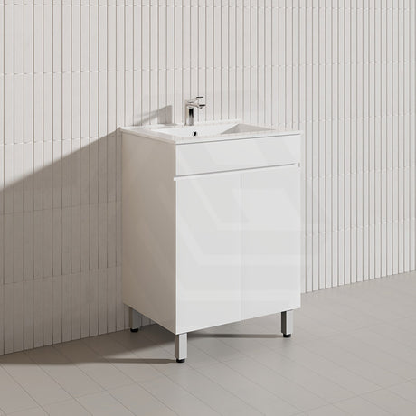 600mm Narrow Polyurethane PVC Premium Freestanding Bathroom Vanity Gloss White Cabinet ONLY & Ceramic Top Available