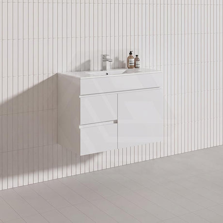 750mm Narrow Bathroom PVC Board Wall Hung Vanity Gloss White Cabinet Only & Ceramic Top Available