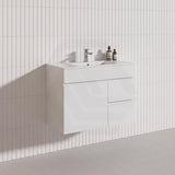 750mm Narrow Bathroom PVC Board Wall Hung Vanity Gloss White Cabinet Only & Ceramic Top Available