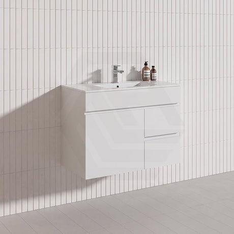 750mm Narrow Bathroom PVC Board Wall Hung Vanity Gloss White Cabinet Only & Ceramic Top Available