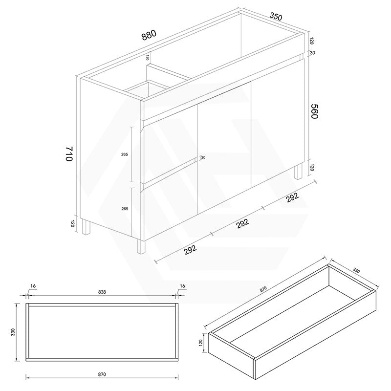 900mm Narrow Polyurethane PVC Premium Freestanding Bathroom Vanity Gloss White Cabinet ONLY & Ceramic Top Available