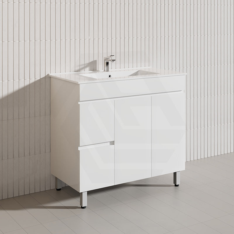 900mm Narrow Polyurethane PVC Premium Freestanding Bathroom Vanity Gloss White Cabinet ONLY & Ceramic Top Available