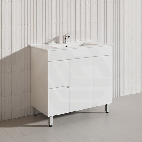 900mm Narrow Polyurethane PVC Premium Freestanding Bathroom Vanity Gloss White Cabinet ONLY & Ceramic Top Available