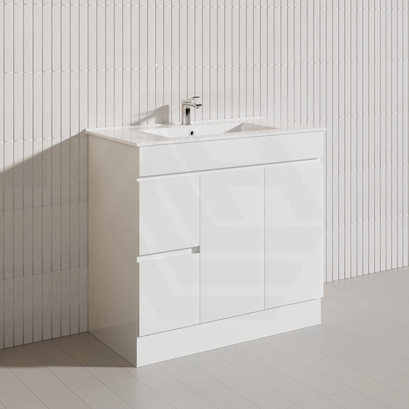 900mm Narrow Polyurethane PVC Premium Freestanding Bathroom Vanity Gloss White Cabinet ONLY & Ceramic Top Available