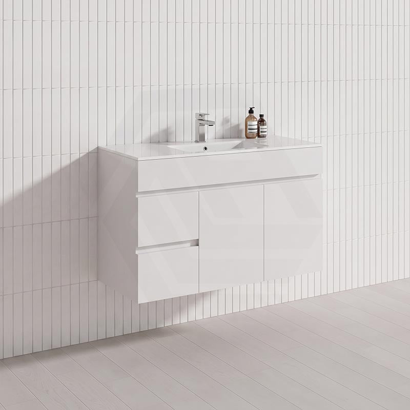 900mm Narrow Bathroom PVC Board Wall Hung Vanity Gloss White Cabinet Only & Ceramic Top Available