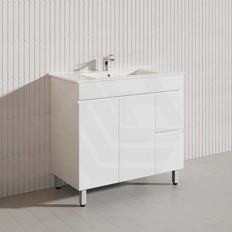 900mm Narrow Polyurethane PVC Premium Freestanding Bathroom Vanity Gloss White Cabinet ONLY & Ceramic Top Available