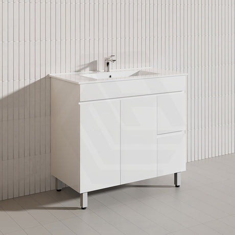 900mm Narrow Polyurethane PVC Premium Freestanding Bathroom Vanity Gloss White Cabinet ONLY & Ceramic Top Available