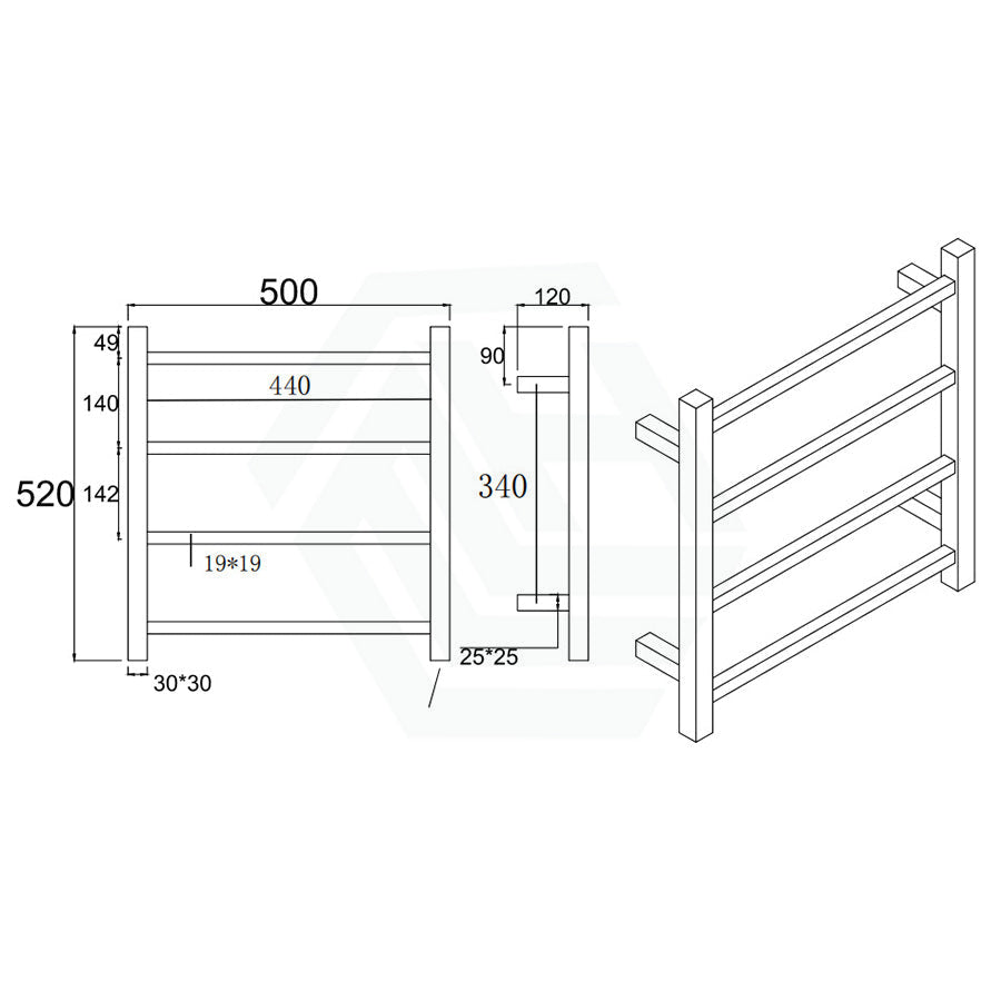 N#1(Nickel) 520X500X120Mm Square Brushed Nickel Electric Heated Towel Rack 4 Bars Rails