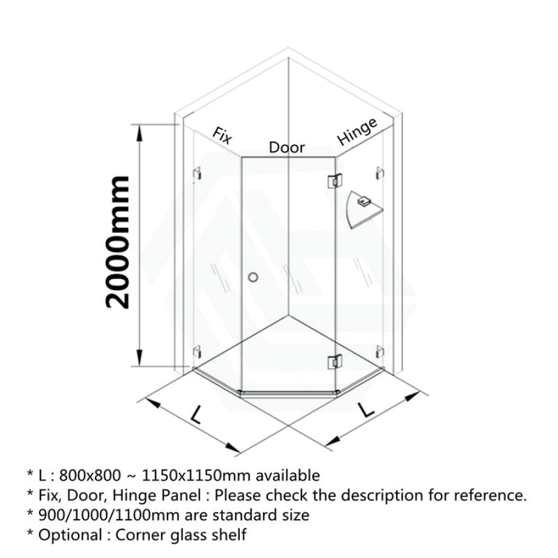 800~1150Mm Diamond Shape Shower Screen Pivot Door Brushed Nickel Frameless 10Mm Glass 2000Mm Height