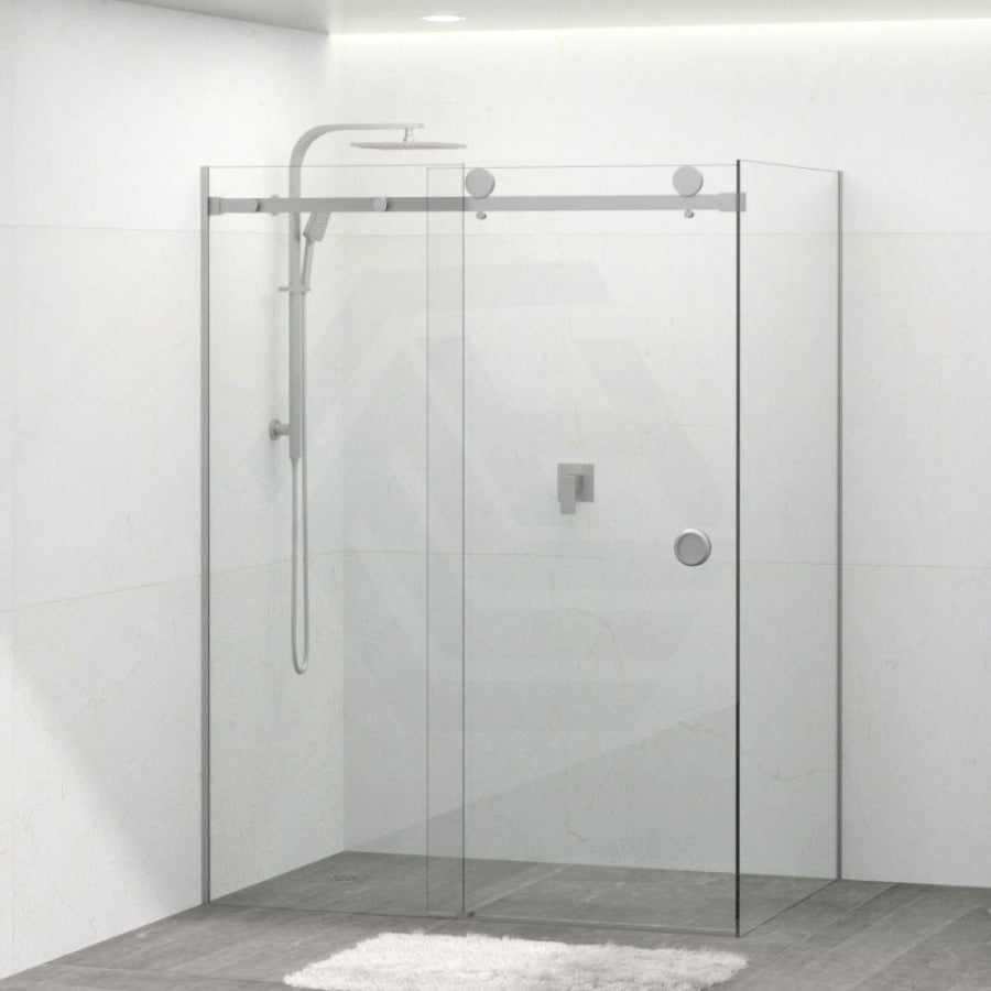 Tempered Glass Frameless L Shape Shower Screen Sliding Round Handle Brushed Nickel